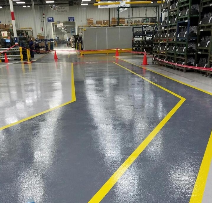 epoxy floor with line striping in warehouse